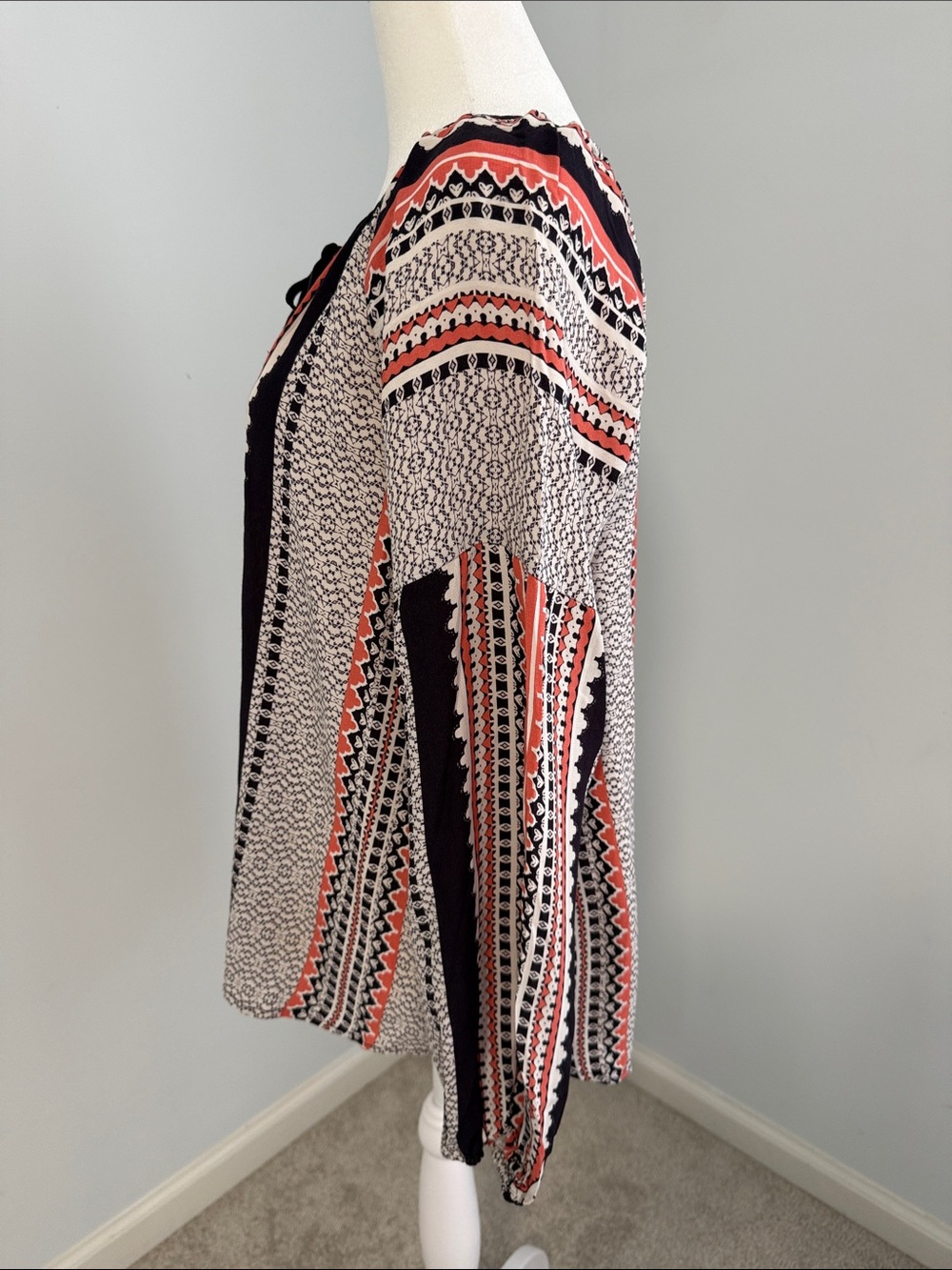 Sanctuary Striped Boho Tie-Neck Blouse in Coral, Black & White Size Small - Picture 13 of 14